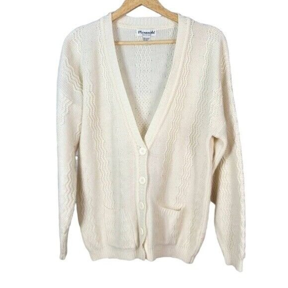Plymouth! Womens Sweater Cardigan Cream Medium V Neck Pockets Long Sleeve VTG - Picture 5 of 6